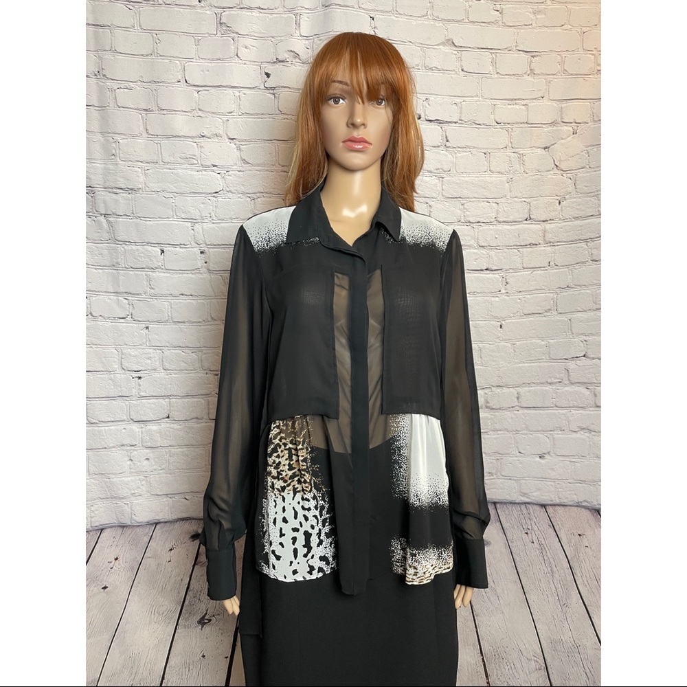 Kenneth Cole Black Colorblock Sheer Hi Low Shirt Blouse Size L